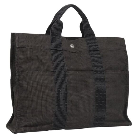 HERMES Her Line MM Tote Bag Canvas Gray Silver Auth kk445 - Picture 2 of 16
